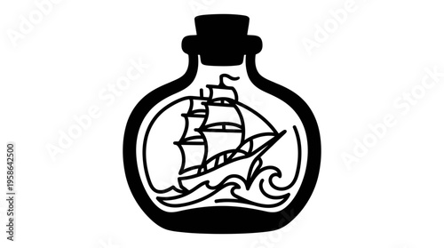 Minimalist Ink Bottle with Sailing Ship Line Art, Monochrome Vector Illustration of Storytelling and Adventure