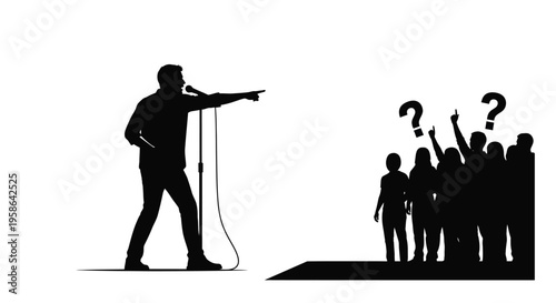 A singer performs gesturing towards a curious audience in black silhouette