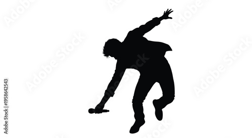 Energetic performer leaps with microphone in hand dramatic black silhouette