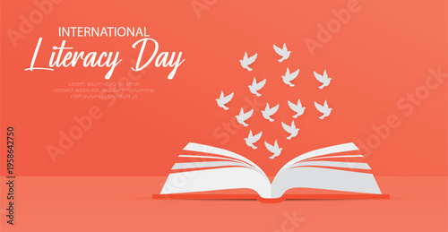 International literacy day poster with book and flying white birds on red background