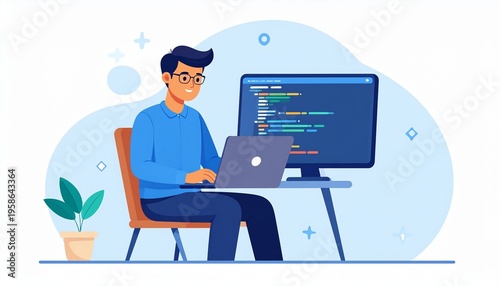 Young male programmer coding on laptop and desktop monitor. Software developer working on computer with lines of code. IT engineering.