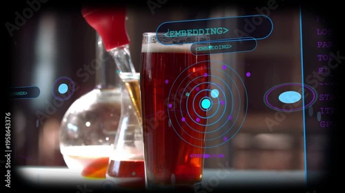 Pint glass receiving drop as pipette dispensing triggers HUD expanding, centering for metrics
