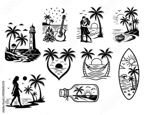 Tropical beach scenes collection. Black and white summer vacation silhouette set.