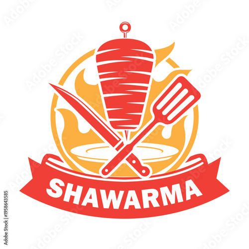 Shawarma Logo with Doner Kebab, Spatula and Knife Badge Vector Illustration