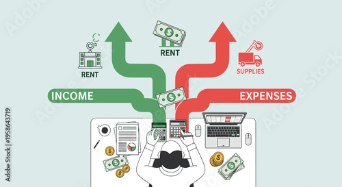 Flat minimalist illustration of small business owner managing cash flow b