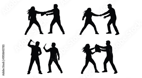 Collection of four vector graphic silhouettes illustrating self defense martial arts combat techniques and struggle