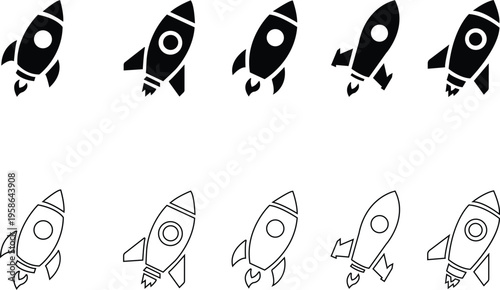 Rocket icons set. Space ship launch icon collection. Rocket ship launch concept. Space rocket launch with fire. Rocket simple icon flat style - stock vector. See Less. isolated on transparent backgrou