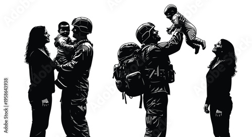 Vector graphic illustration depicting a soldier's emotional return home reuniting with wife and child