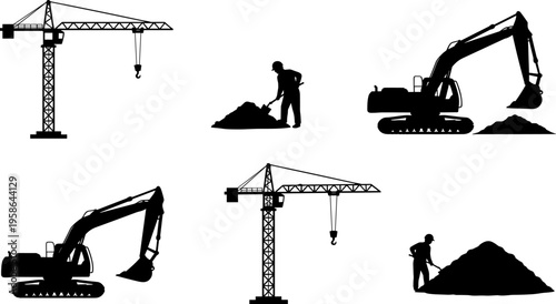 Construction machinery silhouettes, tower cranes, excavators, workers, building industry, heavy equipment vector illustration
