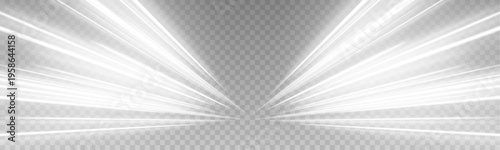 Parallel white glowing lines stretch across a dark gradient background, forming a fast moving visual rhythm. Smooth light reflections enhance the structure. A modern tech design.