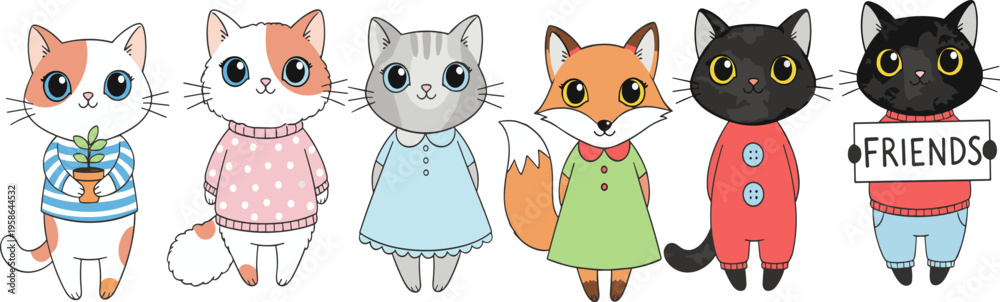 Fototapeta premium Cute cartoon animals in colorful outfits, friendship theme, cats and fox characters