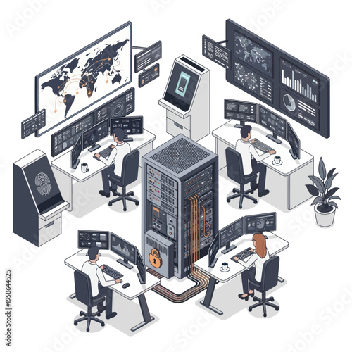 Isometric Network Operations Center with Server and Operators.