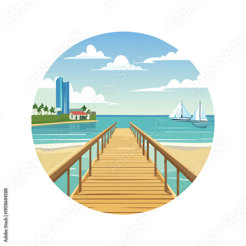 Wooden pier extending into ocean with sailboats and coastal buildings in bright illustration