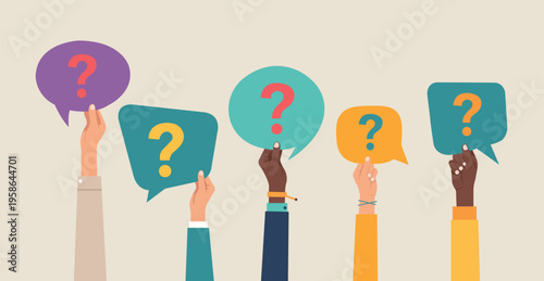 Diverse hands holding colorful question mark speech bubbles on beige background