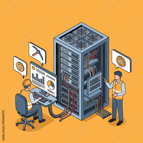 Isometric View of Cryptocurrency Mining Operation with Technicians.