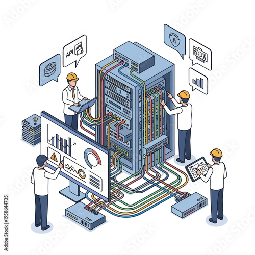 Data center maintenance with engineers and server rack isometric view.