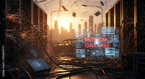 Network collapse in server room with sparks and broken equipment