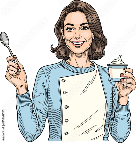 Vintage Hand Sketched Female Chef or Baker Character Holding Spoon and Yogurt Cup with Etched Texture for Professional Nutrition and Artisanal Dairy Graphic Designs
