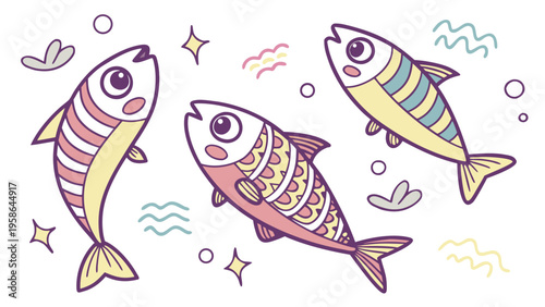 Colorful funky crayon drawn decorative sardines. Cartoon stickers of fish. Bright doodle illustration with pencil cute texture. Kid drawn sardine, tuna, salmon, mackerel. Playful portugal fish