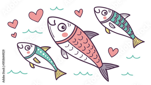 Colorful funky crayon drawn decorative sardines. Cartoon stickers of fish. Bright doodle illustration with pencil cute texture. Kid drawn sardine, tuna, salmon, mackerel. Playful portugal fish