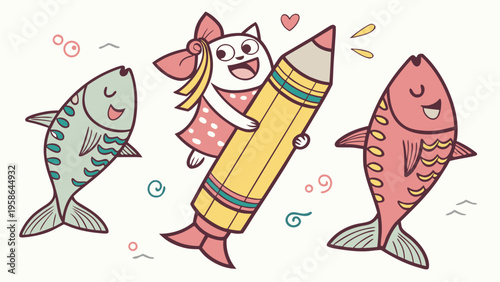 Colorful funky crayon drawn decorative sardines. Cartoon stickers of fish. Bright doodle illustration with pencil cute texture. Kid drawn sardine, tuna, salmon, mackerel. Playful portugal fish