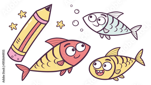 Colorful funky crayon drawn decorative sardines. Cartoon stickers of fish. Bright doodle illustration with pencil cute texture. Kid drawn sardine, tuna, salmon, mackerel. Playful portugal fish