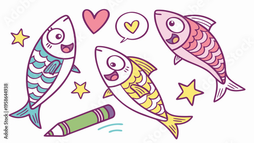 Colorful funky crayon drawn decorative sardines. Cartoon stickers of fish. Bright doodle illustration with pencil cute texture. Kid drawn sardine, tuna, salmon, mackerel. Playful portugal fish