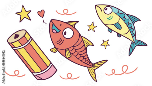 Colorful funky crayon drawn decorative sardines. Cartoon stickers of fish. Bright doodle illustration with pencil cute texture. Kid drawn sardine, tuna, salmon, mackerel. Playful portugal fish