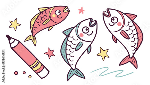 Colorful funky crayon drawn decorative sardines. Cartoon stickers of fish. Bright doodle illustration with pencil cute texture. Kid drawn sardine, tuna, salmon, mackerel. Playful portugal fish