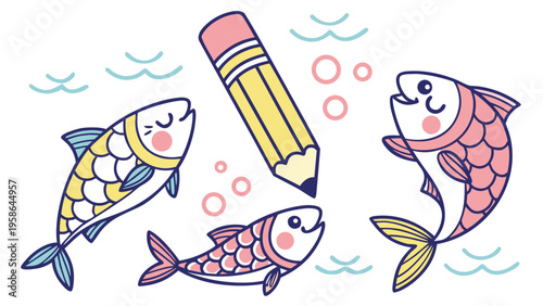 Colorful funky crayon drawn decorative sardines. Cartoon stickers of fish. Bright doodle illustration with pencil cute texture. Kid drawn sardine, tuna, salmon, mackerel. Playful portugal fish