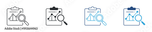 Data analysis and business report icon set. Chart analytics, statistics review and financial performance concept. Vector illustration.