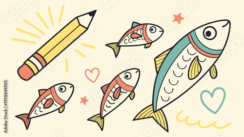 Colorful funky crayon drawn decorative sardines. Cartoon stickers of fish. Bright doodle illustration with pencil cute texture. Kid drawn sardine, tuna, salmon, mackerel. Playful portugal fish
