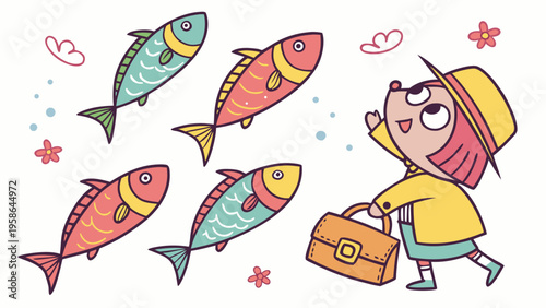 Colorful funky crayon drawn decorative sardines. Cartoon stickers of fish. Bright doodle illustration with pencil cute texture. Kid drawn sardine, tuna, salmon, mackerel. Playful portugal fish