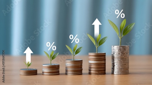 Green leaf plant growing on increasing coin stacking with up arrow for money saving deposit and investment dividend growth concept..