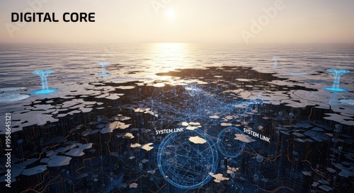 Digital core concept with system links over cracked ocean surface