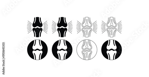 Knee joint pain icons set, vector illustrations featuring human anatomy bone structure silhouettes, representing joint discomfort, arthritis, and orthopedic conditions, clean flat and outline design