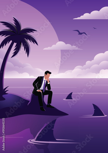 Thinking businessman sitting on rock surrounded by shark fins representing risk and survival mode
