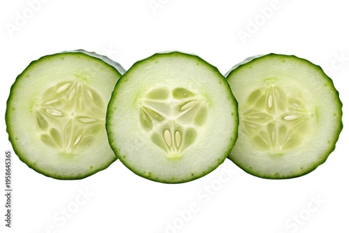 Three fresh green cucumber slices with refreshing water droplets, showing inner texture and seeds, isolated on a transparent background