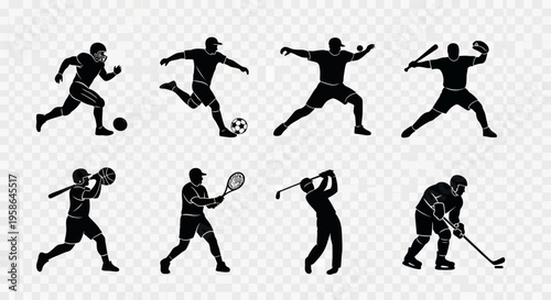 Silhouettes of athletes playing various sports.