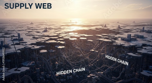 Abstract supply web with hidden chains and cityscapes at sunset