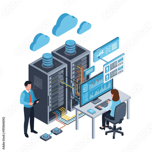 Isometric Data Center Management with Cloud Integration and Server Monitoring.