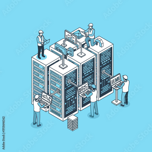 Isometric Data Center Maintenance - Engineers Managing Servers and Infrastructure.