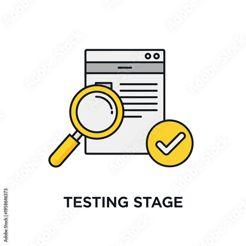 Testing Stage Illustration - Magnifying Glass, Document, and Check Mark for Quality Assurance.