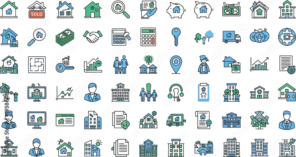 Fototapeta premium A collection of various colorful icons depicting buildings people and objects