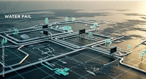Complex network of pipes and circuits symbolizing water crisis and infrastructure