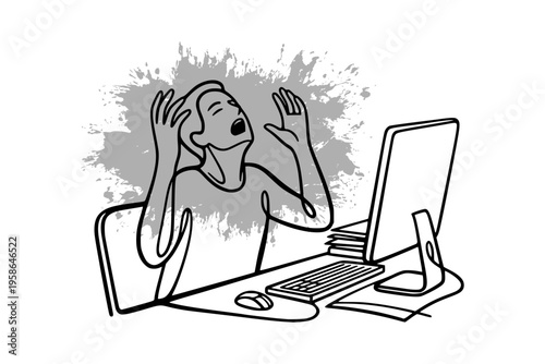 Line drawing showing a stressed person at a computer on white background, concept of frustration and workload and burnout