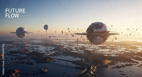 Floating earth globes over futuristic city with flowing water