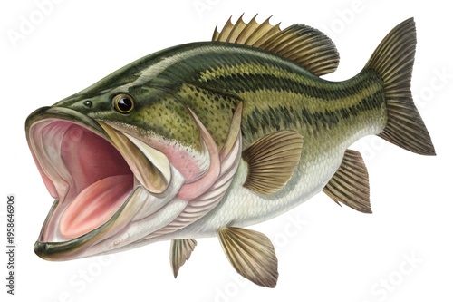 Vibrant largemouth bass with wide open mouth, showcasing detailed scales and fins, isolated PNG on transparent background