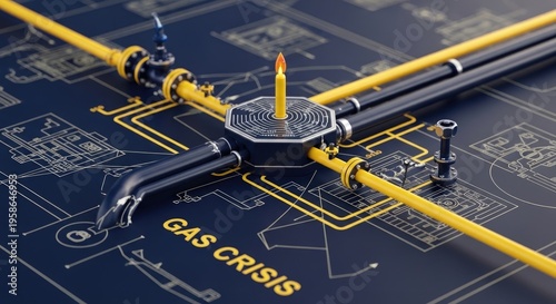 Blueprint gas network with lit candle symbolizing crisis