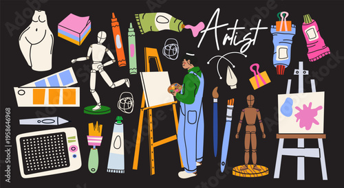 Artist tools elements set in cartoon groovy style. Artist character, paints, brushes, pencils, easel, mannequin and sculpture. Flat vector illustration